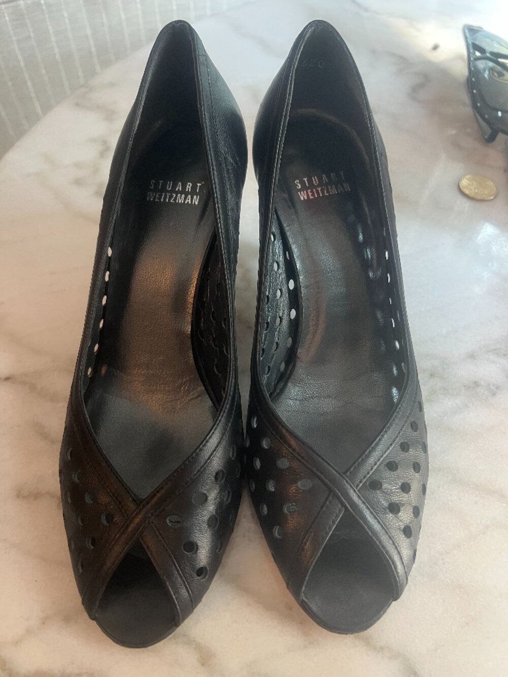 Stuart Weitzman Perforated Leather Peep Toe Pumps (7.5)